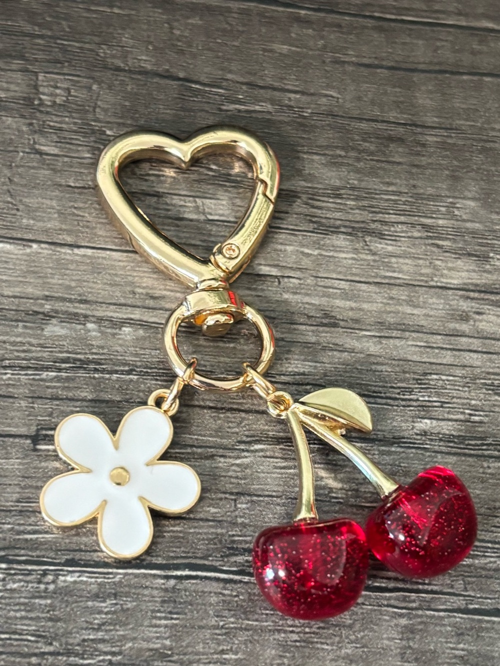 Cherry & Flower Gold Bag Charm With Heart Shaped Clasp - Picture 4 of 7